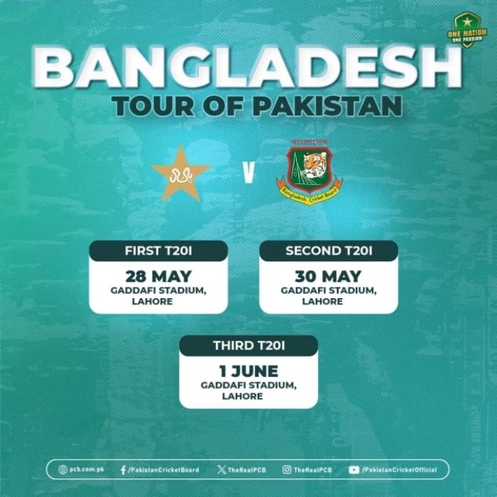 Schedule for Bangladeshs tour of Pakistan, May 21, 2025. — PCB