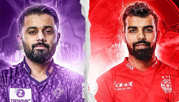 This collage shows Quetta Gladiators skipper Saud Shakeel (left) and Islamabad United captain Shadab Khan ahead of PSL 10 Qualifier at Lahores Gaddafi Stadium on May 21, 2025. — Facebook/thePSL