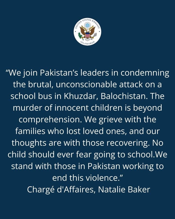 US condemns Khuzdar school bus bombing as unconscionable