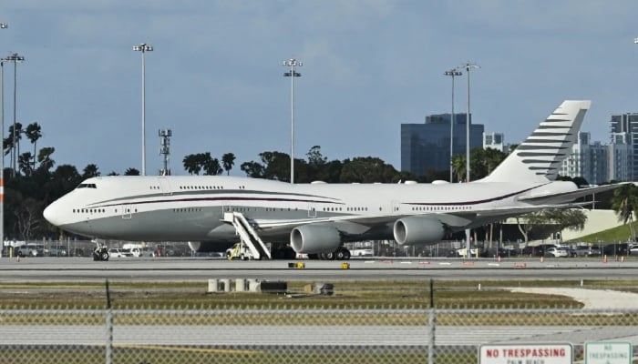 A Qatari Boeing 747 sits on the tarmac of Palm Beach International Airport in Florida on February 15, 2025, after US President Donald Trump toured the aircraft. — AFP