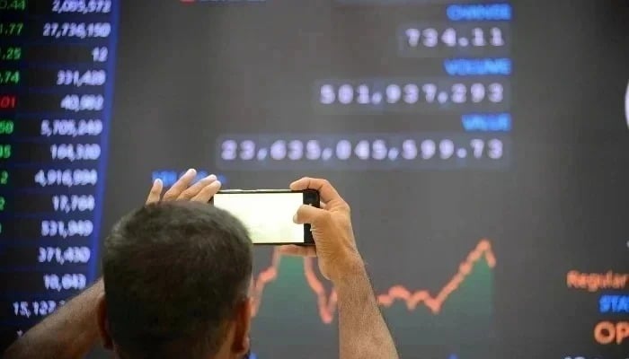 Stockbroker monitors stock prices at the Pakistan Stock Exchange in Karachi on April 7, 2025. — INP