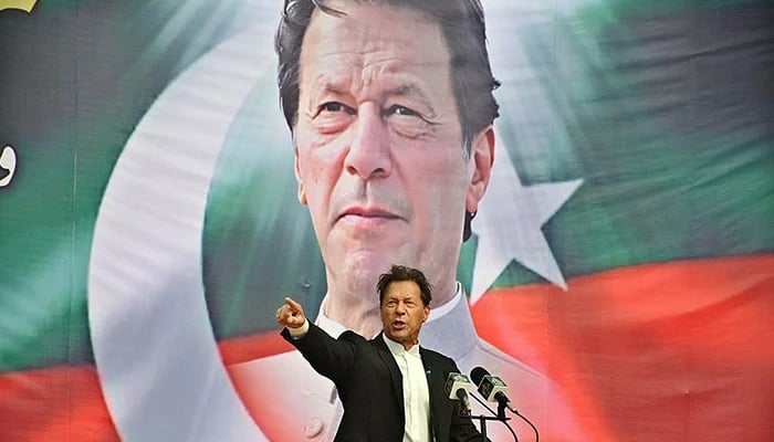 PTI founding chairman Imran Khan addressing workers at the Sindh Governor House in Karachi on March 9, 2022. — PID