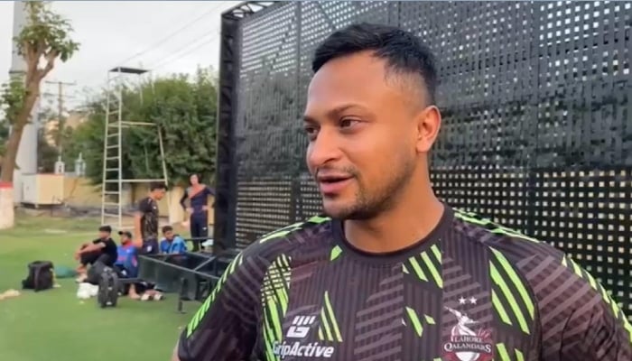 Lahore Qalandars Shakib Al Hasan speaks to Geo News ahead of match against Karachi Kings on May 22, 2025. — Geo News