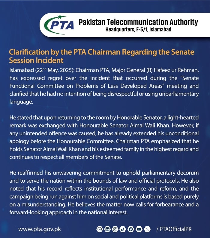 Statement by the PTA on social media platform X on May 22, 2025. — X/@PTAofficialpk