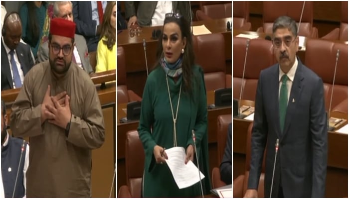 (From right to left) Senators Anwaar-ul-Haq Kakar, Sherry Rehman and Aimal Wali Khan addressing the Senate session on May 22, 2025. —Screengrab/YouTube/@SenateofPakistanOfficial
