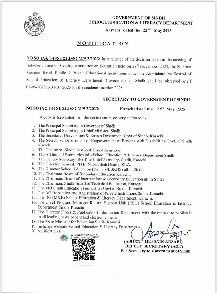 Sindh govt announces summer holiday dates for schools