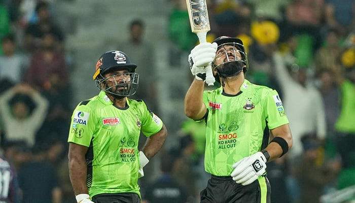 Lahore Qalandars Abdullah Shafique (right) and Kusal Perera in action during the PSL 10 Eliminator 1 against Karachi Kings at the Gaddafi Stadium in Lahore on May 22, 2025. — Facebook/thePSL