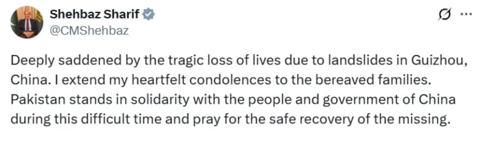 PM Shehbaz Sharif offers condolences to China following landslides in Guizhou province, in a statement on social media platform X, May 23, 2025. — X/@CMShehbaz