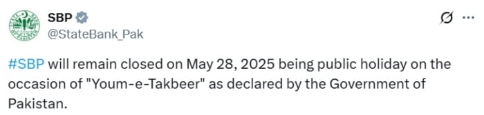 State Bank of Pakistan notification on May 23, 2025. — X/@StateBank_Pak