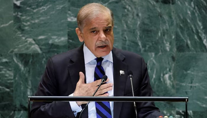 Pakistans Prime Minister Shehbaz Sharif addresses the 79th United Nations General Assembly at UN headquarters in New York, US on September 27, 2024 — Reuters