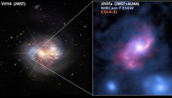 A near-infrared image shows the nearby galaxy VV114 captured by NASAs James Webb Space Telescope, with the monster barred spiral galaxy J0107a in the background, captured by the Atacama Large Millimeter/submillimeter Array and NASAs James Webb Space Telescope, in this undated image. Stellar and molecular gas distribution of J0107a is shown on the right. — Reuters