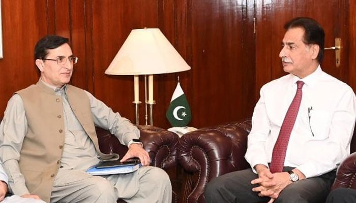 PTI Chairman Barrister Gohar Ali Khan and NA Speaker Ayaz Sadiq pictured during a meeting in this undated image. — X@NAofPakistan