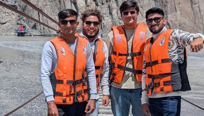 Four tourists, who went missing in Gilgit-Baltistan, at Hussaini bridge days before the incident, Hunza, Gilgit-Baltistan. — Facebook/@GB police