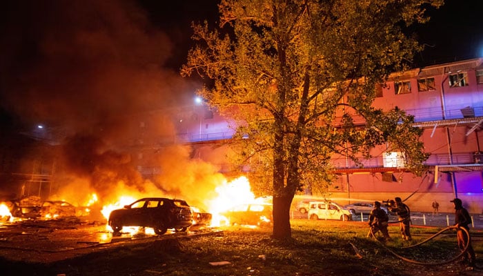 Firefighters work at the site of a Russian drone strike, amid Russias attack on Ukraine, in Kyiv, Ukraine May 4, 2025. — Reuters