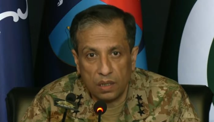 ISPR DG Lt Gen Ahmed Sharif Chaudhry addressing the media in Rawalpindi. —ISPR/File