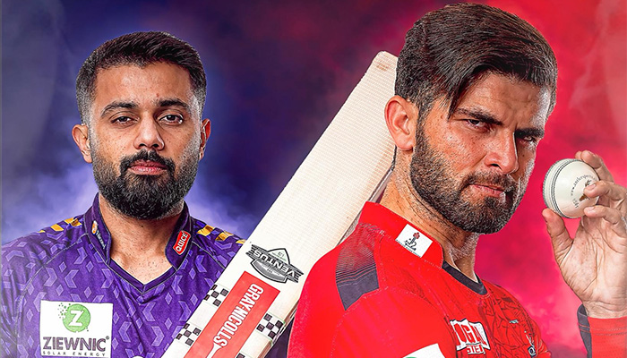 This collage show Quetta Gladiators skipper Saud Shakeel (left) and Lahore Qalandars captain Shaheen Shah Afridi ahead of the toss for the PSL final, Gaddafi Stadium, Lahore, May 25, 2025. — Facebook/thePSL