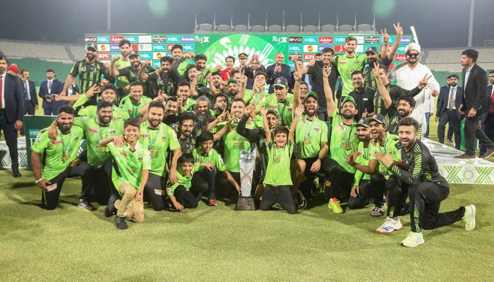 Lahore Qalanders team celebrates with PSL X Trophy on May 25, 2025. - Facebook@Thepsl