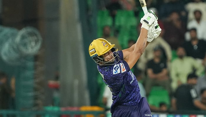 Quetta Gladiators Hasan Nawaz plays a shot during the PSL final against Lahore Qalandars, Gaddafi Stadium, Lahore, May 25, 2025. — Facebook/thePSL