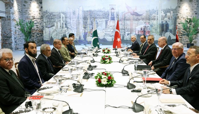 Prime Minister Shehbaz Sharif and Turkish President Tayyip Erdogan hold delegation-level talk in Istanbul, Turkiye on May 25, 2025. — PID