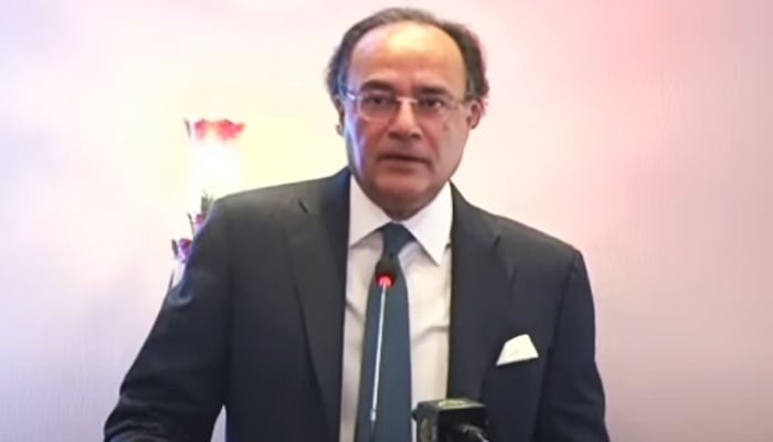 Federal Finance Minister Muhammad Aurangzeb speaking at an event in Islamabad on May 26, 2025. — Geo News