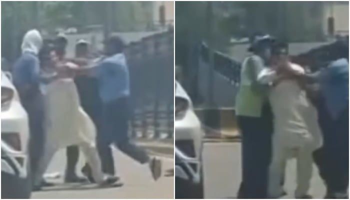 Stills taken from viral CCTV footage shows police personnel fighting with a citizen in Peshawar on May 21, 2025. —Reporter