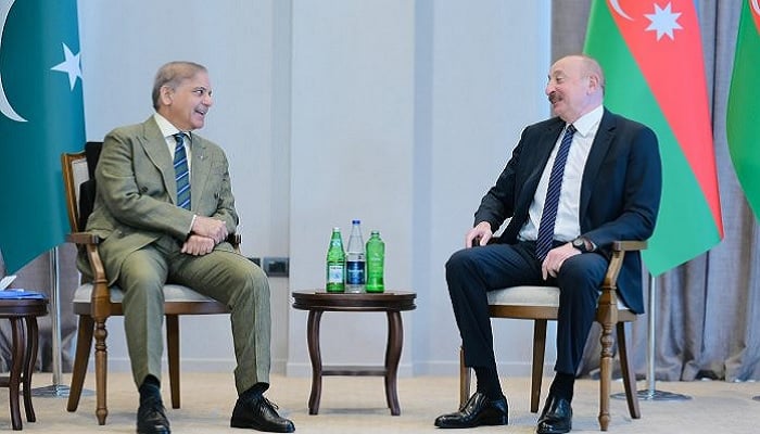 Prime Minister Shehbaz Sharif smiles during a bilateral meeting with Azerbaijani President Ilham Aliyev in Lachin on Tuesday.— APP