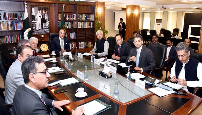 Finance Minister Senator Muhammad Aurangzeb chairing a meeting to review progress on the National Initiative for Un-Collateralized Credit to Smallholding Farmers through tech-driven solutions on May 27, 2025 in Islamabad. — Ministry of Finance