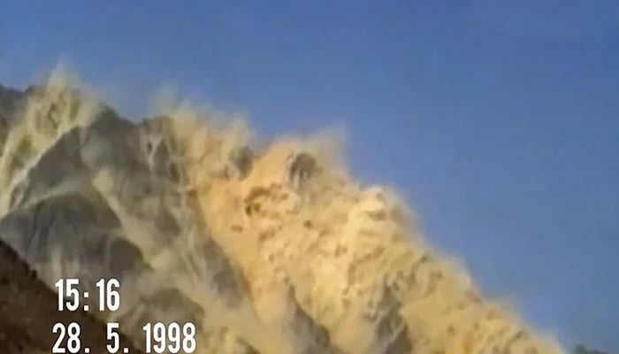 A screengrab of the footage of Pakistans nuclear test in Chagai on May 28, 1998. — Radio Pakistan