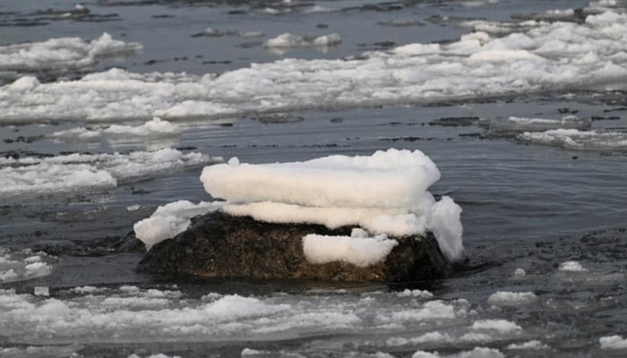 Snow covers a rock as drifting broken sea ice, floats on the surface, off the extreme western point of Replot Island, in Kvarken archipelago, near Bjorkoby, in the northern part of the Baltic Sea on January 15, 2025. — AFP