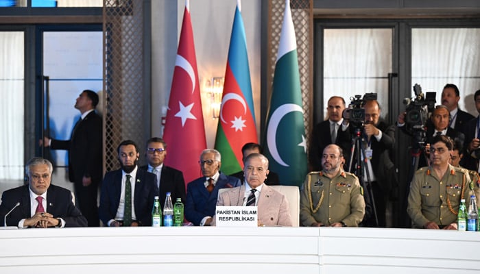 Prime Minister Shehbaz Sharif addresses Pakistan-Turkiye-Azerbaijan Trilateral Summit in Lachin, Azerbaijan, May 28, 2025. — X/@azpresident
