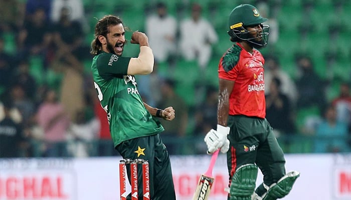Pakistan pacer Hasan Ali celebrates a wicket during their first T20I against Bangladesh at the Gaddafi Stadium in Lahore on May 28, 2025. — Facebook/PakistanCricketBoard