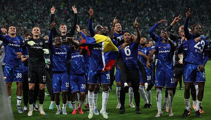 Chils Malo Gustto, Wesley Vovana, Mark Guwyu, Philip Georgessen, Terik George, Mossis Caysido, Noni Madoyk, Trevo Chaloba celebrate after winning the Conference League in the final against Real Betis at Wroclaw stadium, WROCLAW, Poland - May 28, 2025. -