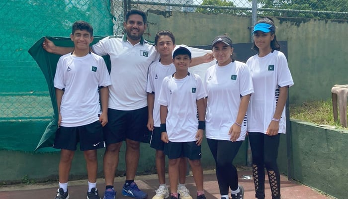 Pakistanis under 12 tennis teams present a group photo. PTF