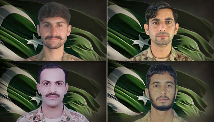 (Clockwise from top left) Shaheed Lieutenant Daniyal Ismail, Shaheed Lance Naik Fiaqat Ali, Shaheed Naib Subedar Kashif Raza, and Shaheed Sepoy Muhammad Hameed.