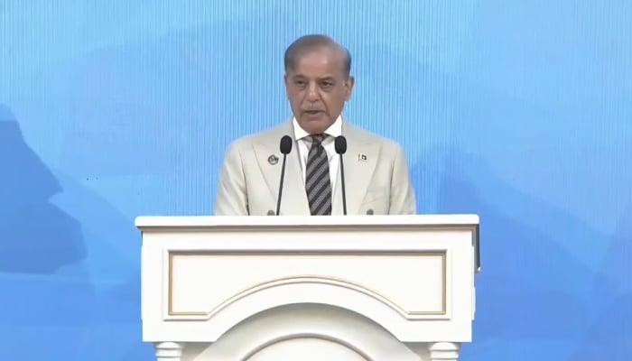Prime Minister Shehbaz Sharif addressing High-Level International Conference on Glaciers’ Preservation in Dushanbe, Tajikistan, on May 30, 2025. — Facebook/@GovtofPakistan