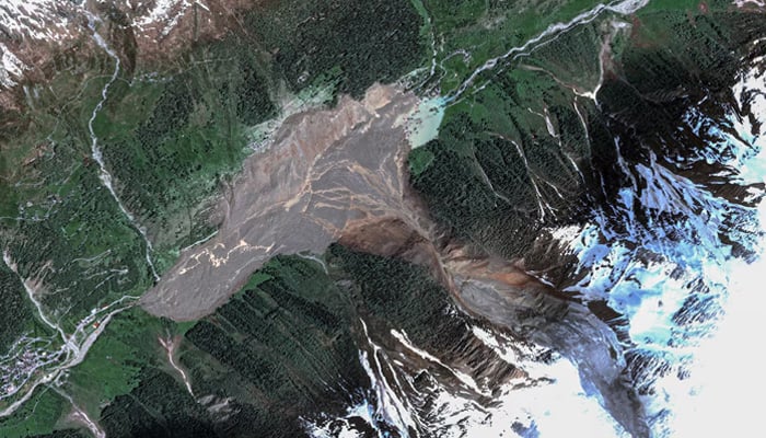 A satellite image shows Blatten after a glacier in the Swiss Alps partially collapsed and tumbled onto the village, in Blatten, Switzerland May 29, 2025. — Reuters