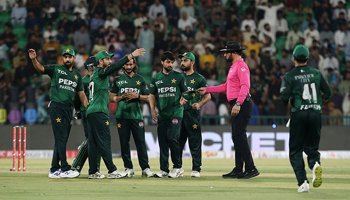 Pakistan players celebrate a dismissal during their second T20I against Bangladesh at the Gaddafi Stadium in Lahore on May 30, 2025. — PCB