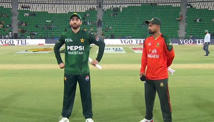 Pakistan captain Salman Ali Agha (left) and Bangladeshs Litton Das at the toss for their first T20I at the Gaddafi Stadium in Lahore on May 28, 2025. — YouTube/GeoNews/screengrab
