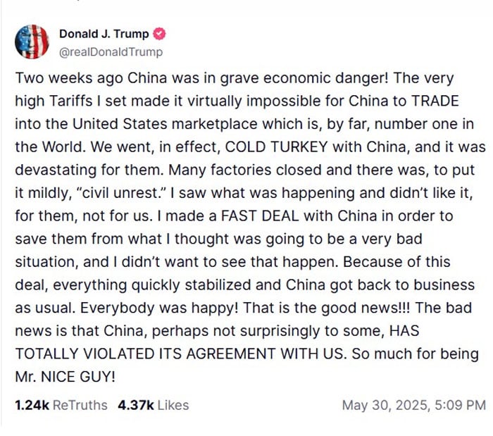 Trump says China has totally violated agreement with US on tariffs
