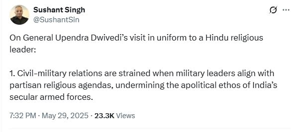 Indian army chiefs conduct questioned after visit to ashram in uniform