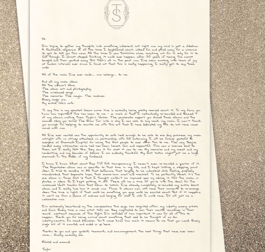Taylor Swift claims entire lifes work with heartfelt letter to fans