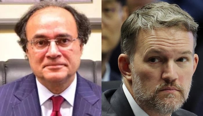 A collage of Finance Minister Muhammad Aurangzeb (left) and US Ambassador Jamieson Greer. — Ministry for Finance/Reuters/File