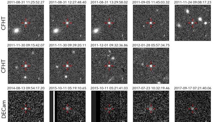 Cutout images of all 19 detections of the newly identified trans-Neptunian object named 2017 OF201 are seen, from the Canada France Hawaii Telescope (CFHT) and the Dark Energy Camera (DECam) on the 4-meter Victor M. Blanco Telescope, released by the Institute for Advanced Study in Princeton, New Jersey, on May 22, 2025. — Reuters