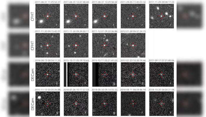 Cutout images of all 19 detections of the newly identified trans-Neptunian object named 2017 OF201 are seen, from the Canada France Hawaii Telescope (CFHT) and the Dark Energy Camera (DECam) on the 4-meter Victor M. Blanco Telescope, released by the Institute for Advanced Study in Princeton, New Jersey, on May 22, 2025. — Reuters