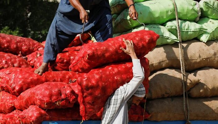 Labourers unload sacks of onion from a truck to supply at a market in Karachi, February 1, 2023. — euters