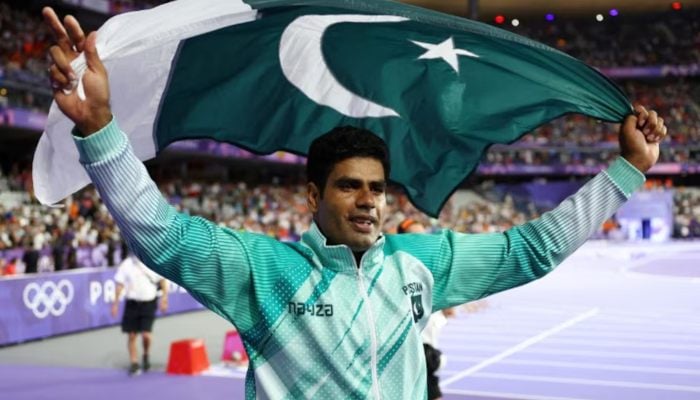 Gold medallist Arshad Nadeem of Pakistan celebrates winning the Mens Javelin Throw Final during the Paris 2024 Olympics at the Stade de France, Saint-Denis, France on August 8, 2024. — Reuters
