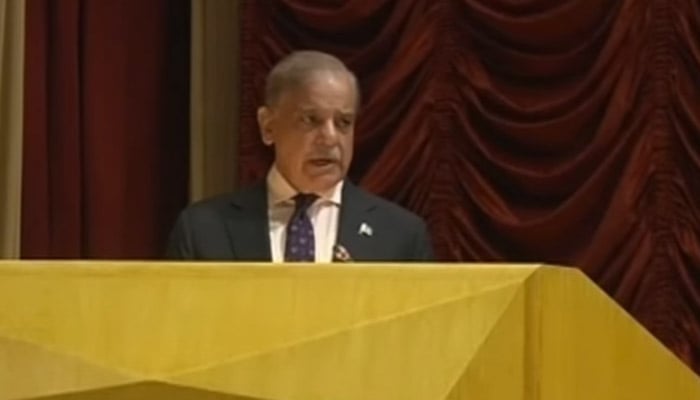 Prime Minister Shehbaz Shairf addresses officers at Command and Staff College Quetta, Balochistan, May 31, 2025. — Screengrab via YouTube/Geo News