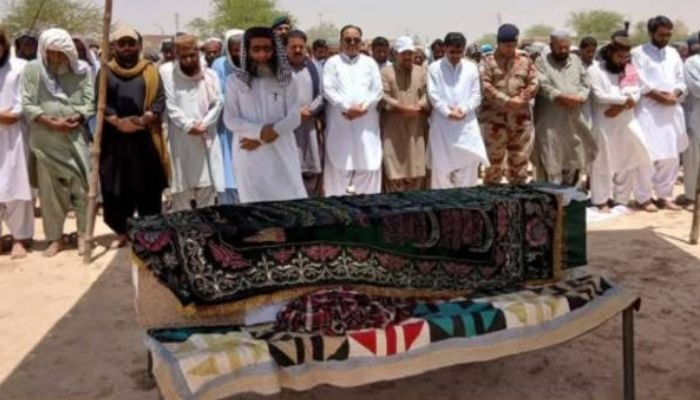 Funeral prayer being offered for martyred ADC Hidayatullah Buledi in Quetta on Saturday. —Facebook