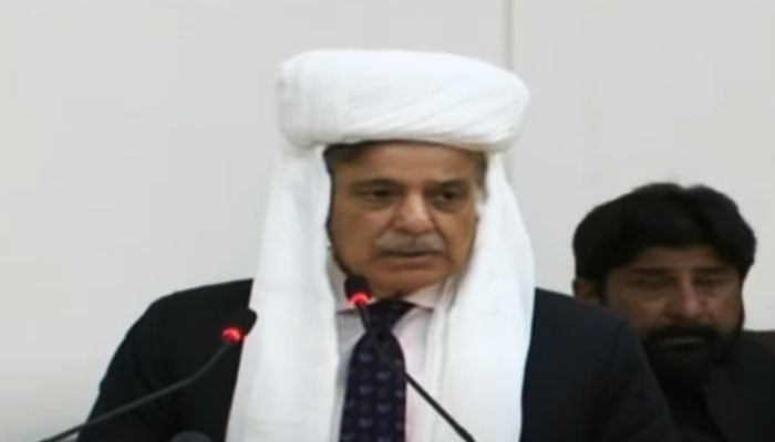 Prime Minister Shehbaz Sharif addresses a grand Jirga in Quetta on May 31, 2025. — YouTube/GeoNews/screengrab