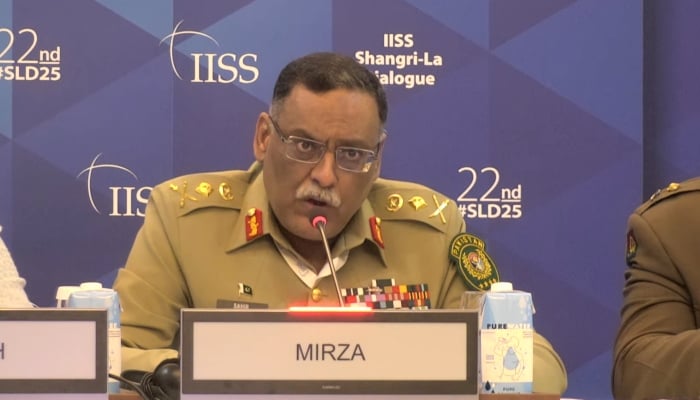 Chairman of the Joint Chiefs of Staff Committee (CJCSC) General Sahir Shamshad Mirza addressing Shangri-La Dialogue in Singapore on May 31, 2025. — Screengrab/YouTube/@IISSorg